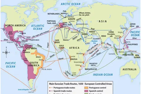 Map: Main Eurasian Trade Routes c.1650, European Controlled Areas