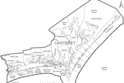 Map: Map of Carteret County North Carolina with Municipal and Township Labels