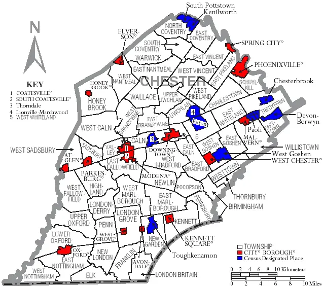 Map: Map of Chester County Pennsylvania with Municipal and Township Labels