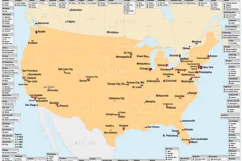 Map: Map of Cities in the Usa and Canada with Mlb Mls Nba Nfl or Nhl Teams