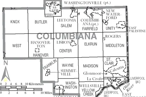 Map: Map of Columbiana County Ohio with Municipal and Township Labels