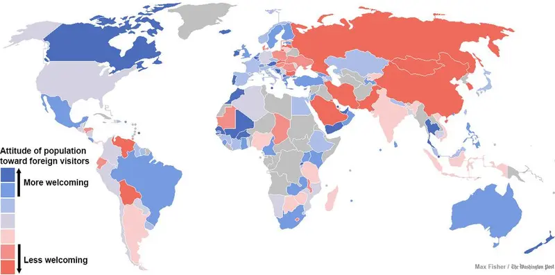Map: Map of countries that are most and least welcoming to foreigners
