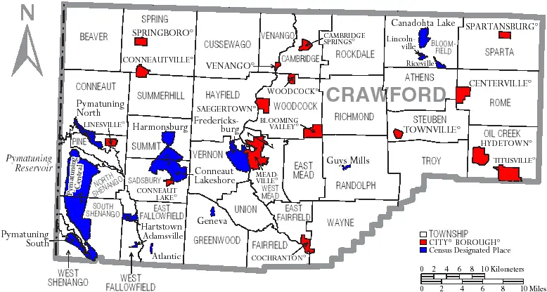 Map: Map of Crawford County Pennsylvania with Municipal and Township Labels