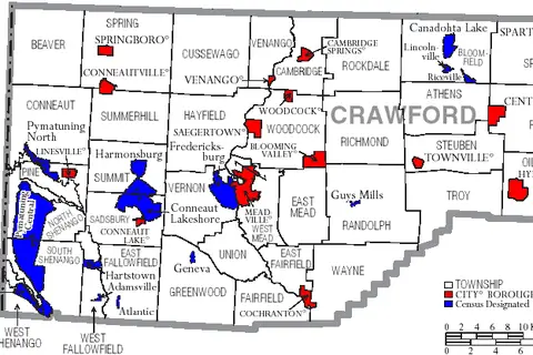 Map: Map of Crawford County Pennsylvania with Municipal and Township Labels
