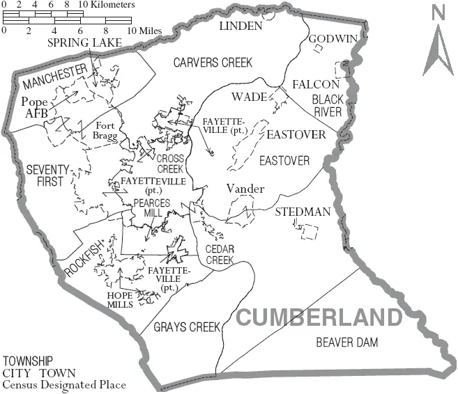 Map: Map of Cumberland County North Carolina with Municipal and Township Labels