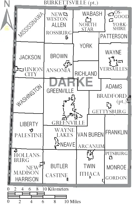 Map: Map of Darke County Ohio with Municipal and Township Labels