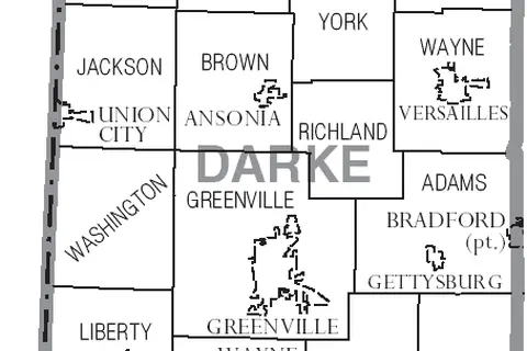 Map: Map of Darke County Ohio with Municipal and Township Labels