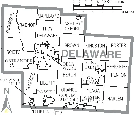 Map: Map of Delaware County Ohio with Municipal and Township Labels