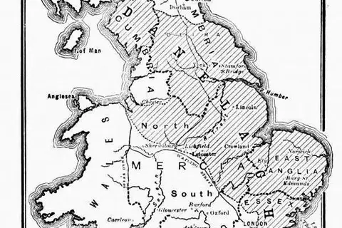 Map: Map of England Showing the Anglosaxon Kingdoms and Danish Districts
