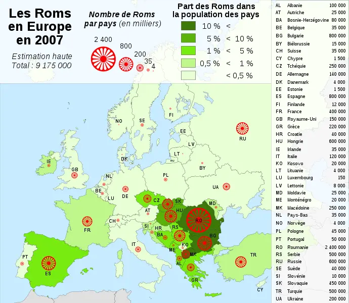 Map: Map of gypsies in Europe