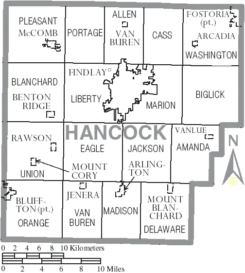 Map: Map of Hancock County Ohio with Municipal and Township Labels