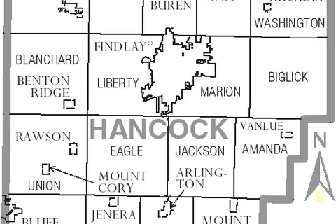 Map: Map of Hancock County Ohio with Municipal and Township Labels