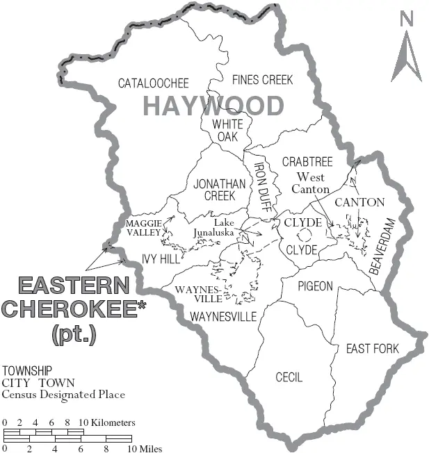 Map: Map of Haywood County North Carolina with Municipal and Township Labels