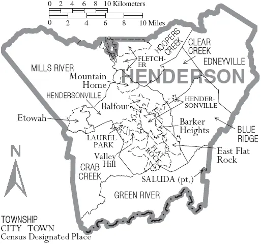 Map: Map of Henderson County North Carolina with Municipal and Township Labels