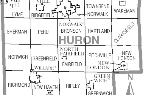 Map: Map of Huron County Ohio with Municipal and Township Labels