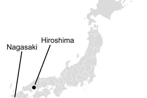 Map: Map of Japan Marking Nagasaki and Hiroshima with Text