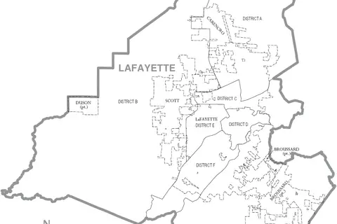Map: Map of Lafayette Parish Louisiana with Municipal and District Labels