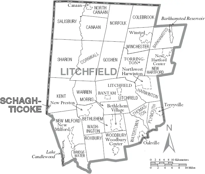 Map: Map of Litchfield County Connecticut with Municipal Labels