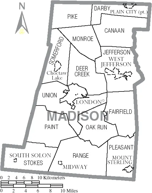 Map: Map of Madison County Ohio with Municipal and Township Labels