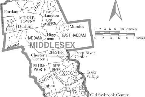 Map: Map of Middlesex County Connecticut with Municipal Labels
