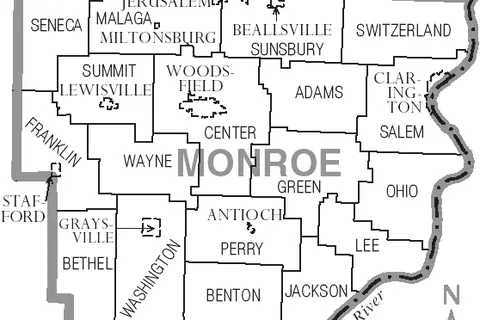 Map: Map of Monroe County Ohio with Municipal and Township Labels