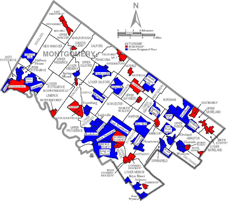 Map: Map of Montgomery County Pennsylvania with Municipal and Township Labels