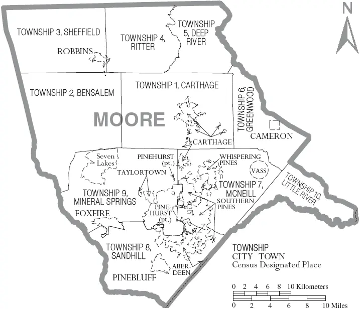 Map: Map of Moore County North Carolina with Municipal and Township Labels
