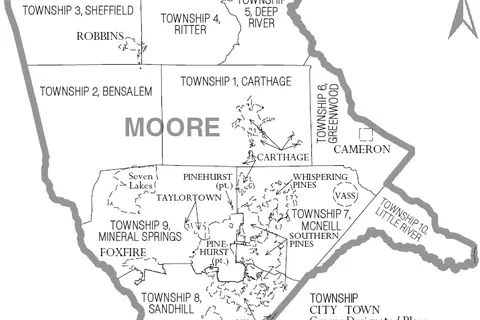 Map: Map of Moore County North Carolina with Municipal and Township Labels