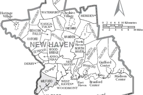 Map: Map of New Haven County Connecticut with Municipal Labels