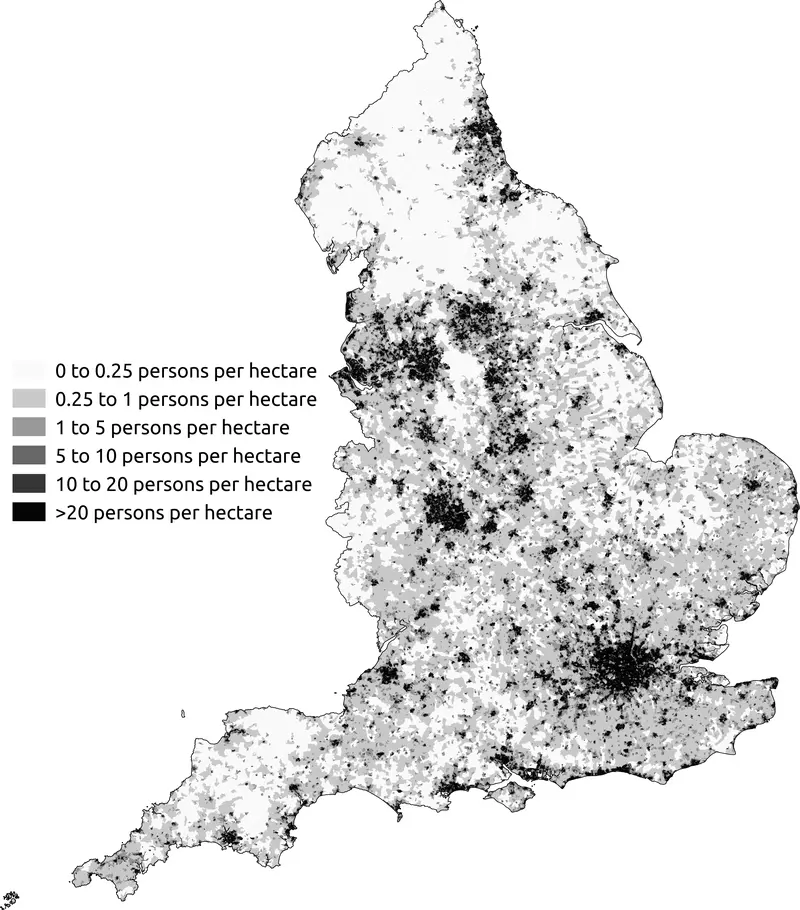 Map: Map of Population Density in England as at the 2011 Census