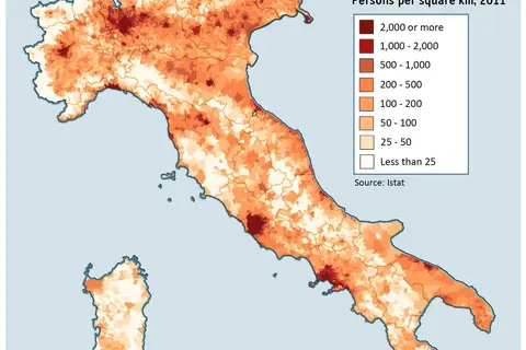 Map: Map of Population Density in Italy 2011 Census Alt Colours