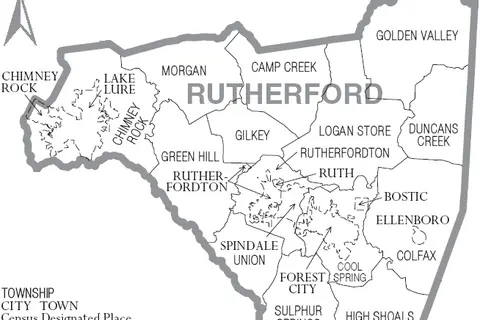 Map: Map of Rutherford County North Carolina with Municipal and Township Labels