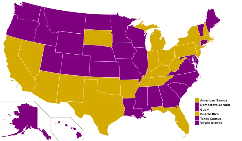 Map: Map of the 2008 Democratic primary results. Purple denotes an Obama win, yellow a Clinton win.