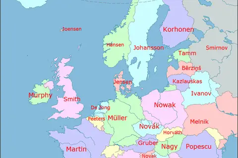 Map: Map of the most common surnames in Europe 2011