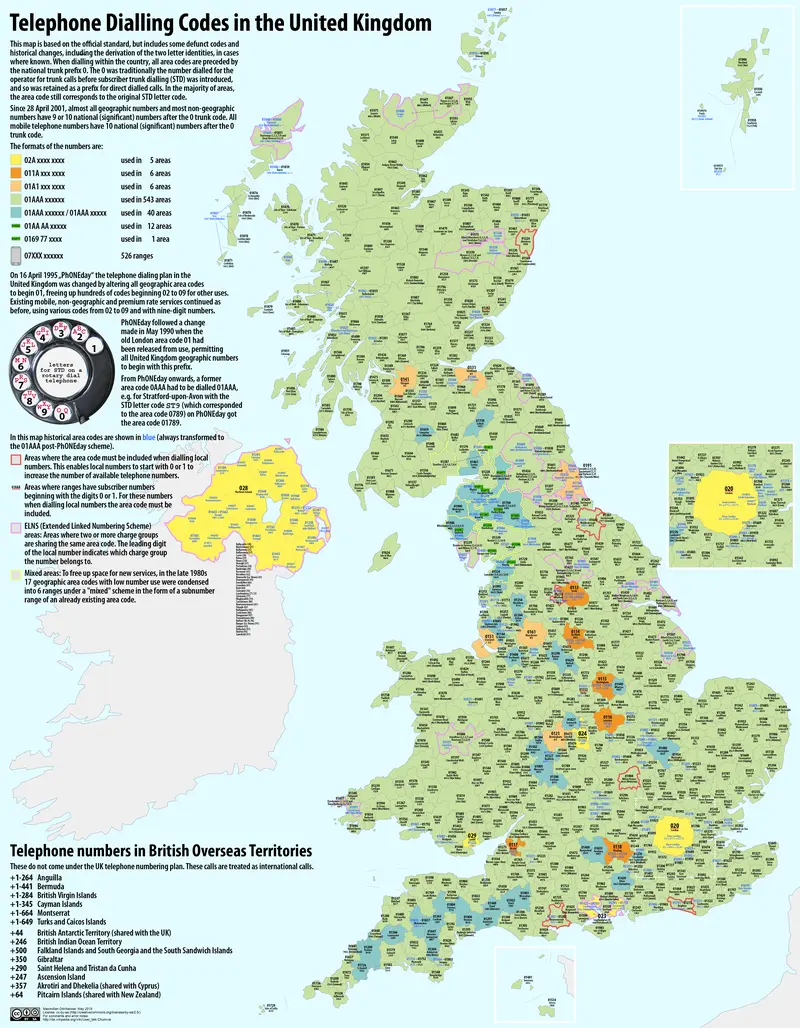Map: Map of the Telephone Dialling Codes in the United Kingdom