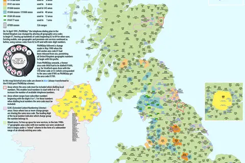 Map: Map of the Telephone Dialling Codes in the United Kingdom