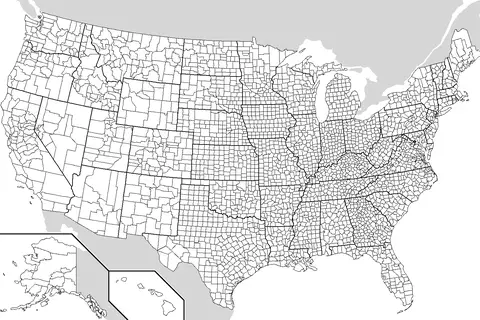 Map: Map of Usa with County Outlines Black White