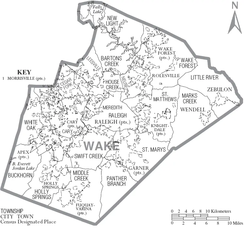 Map: Map of Wake County North Carolina with Municipal and Township Labels
