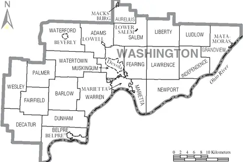 Map: Map of Washington County Ohio with Municipal and Township Labels