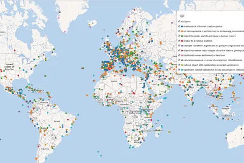 Map: Map of World Heritage Site Colour Coded by Unesco Inclusion Criteria