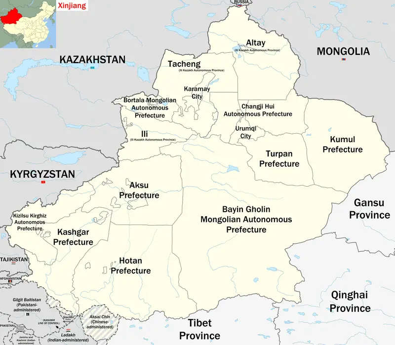 Map: Map of Xinjiang in China with Prefectures and Borders