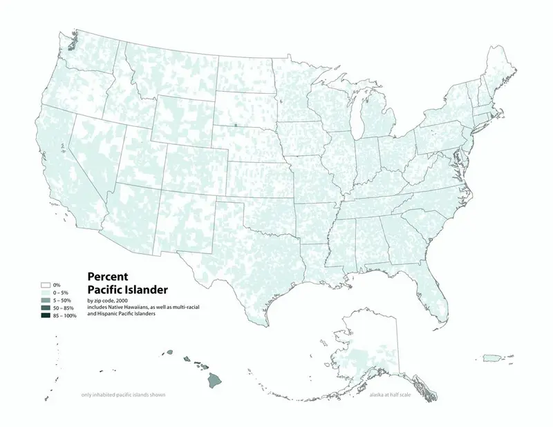 Map: Map showing percentage of population self-reported as “Pacific Islander” in the United States, 2000