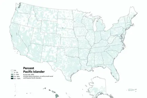 Map: Map showing percentage of population self-reported as “Pacific Islander” in the United States, 2000