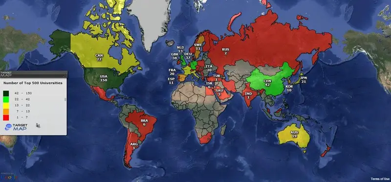 Map: Map Showing the Countries that Top 500 Universities are in.