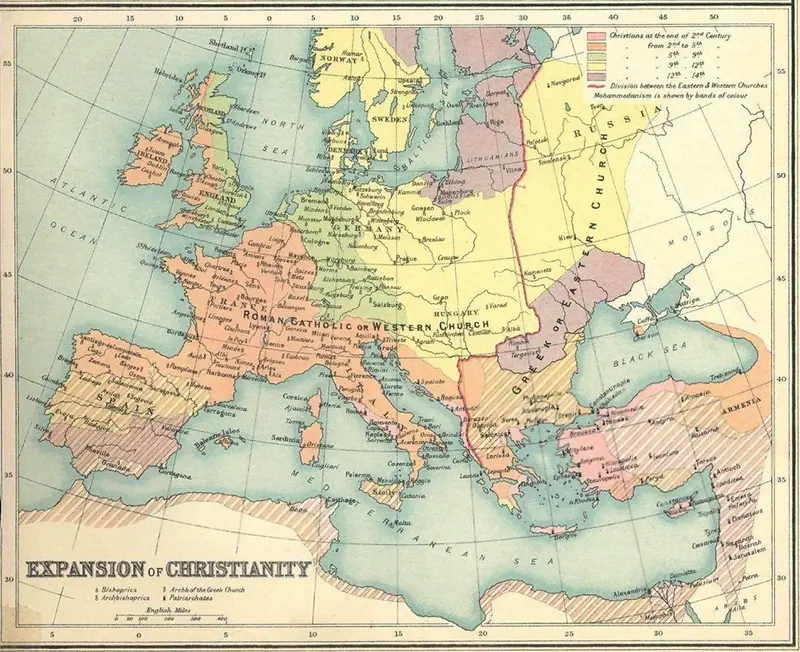 Map: Map showing the expansion of Christianity up to the 14th century. It also highlights the division between the Eastern and Western Churches