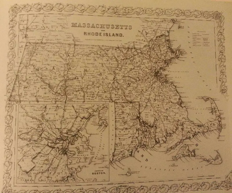 Map: Massachusetts and Rhode Island, with Boston inset, 1859