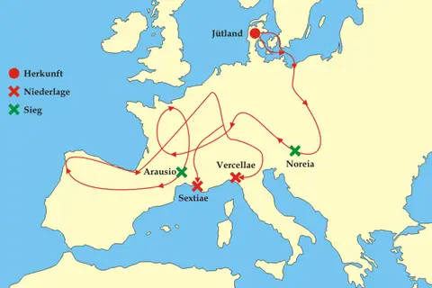 Map: Migration route of the Germanic tribes of the Cimbri and Teutones, ca. 113-101BC