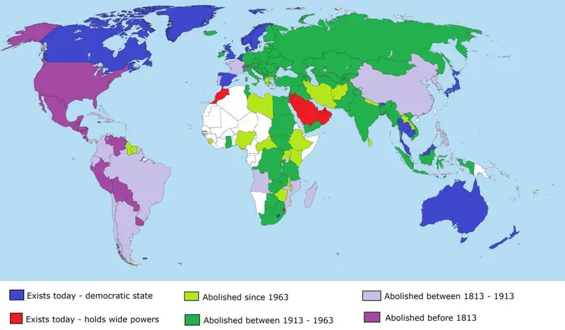 Map: Monarchies throughout modern history and when they where abolished.