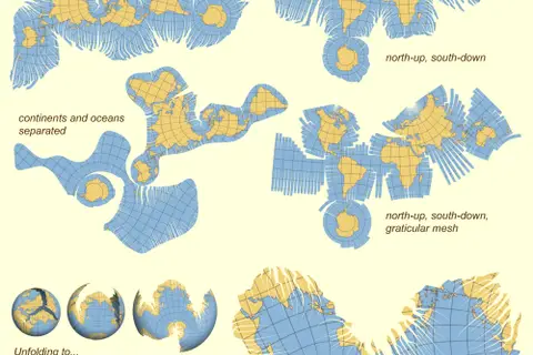 Map: Myriahedral maps showing the near contiguity of Earth’s continents and oceans (J. van Wijk)