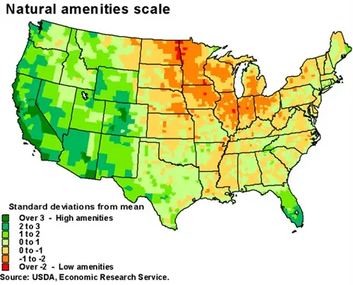 Map: Natural Amenities Scale across US Counties